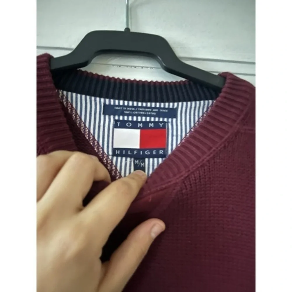 Tommy Hilfiger Sweater Mens Size M Burgundy Cotton  Long Sleeve VTG Y2K Preppy